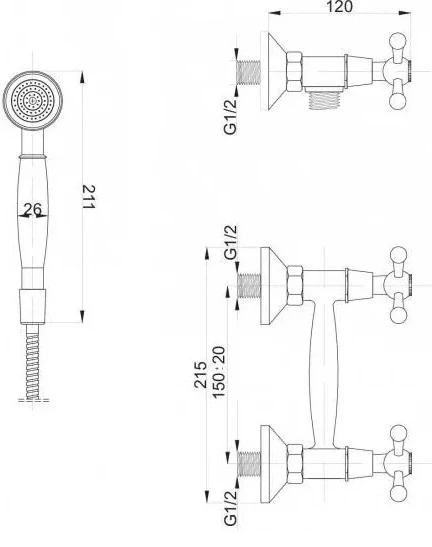 Sprchová baterie Hydroland Retro B207 – nástěnná, chrom, rozteč 150 mm