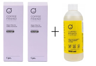 2× filtr DeLonghi DLSC002 + odvápňovač 500 ml (Coffee Friend, kompatibilní sada)